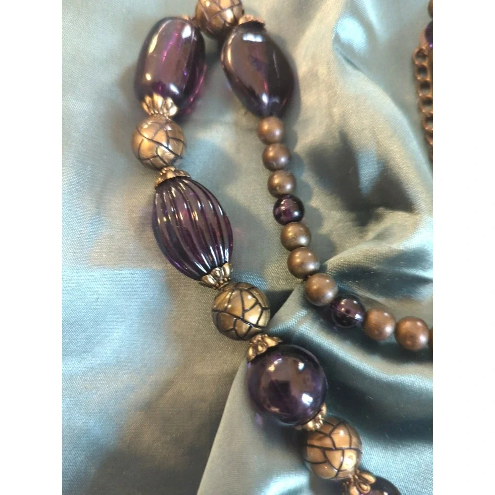 Aldo Signed Large Pendant Necklace Art Deco Inspired Purples Bronze Eye Catcher